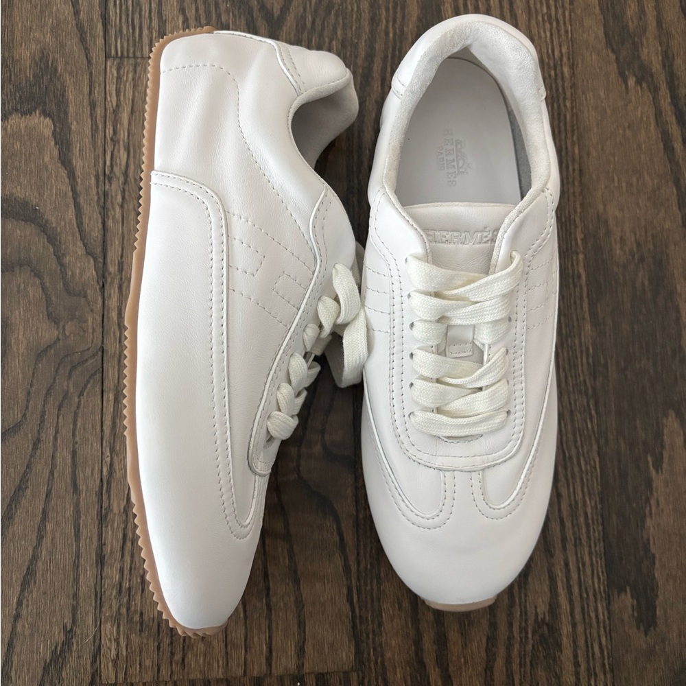 Hermes White Leather Sneakers with Gum Sole